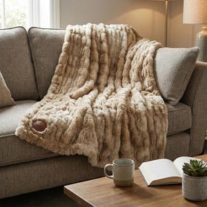 May include: A plush, faux fur throw blanket in shades of beige and tan, draped over a gray sofa. The blanket has a textured, ribbed design and a brown leather patch. A mug, book, and plant sit on a wooden table.