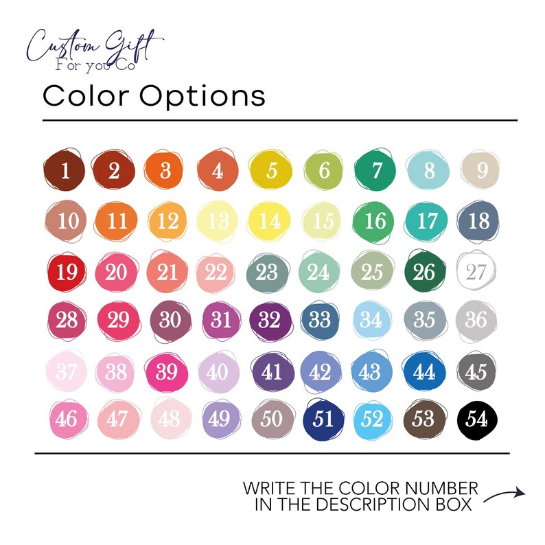 Puede incluir: Carta de colores con 54 muestras de color diferentes, numeradas del 1 al 54.  Escribe el n&uacute;mero de color en el cuadro de descripci&oacute;n.