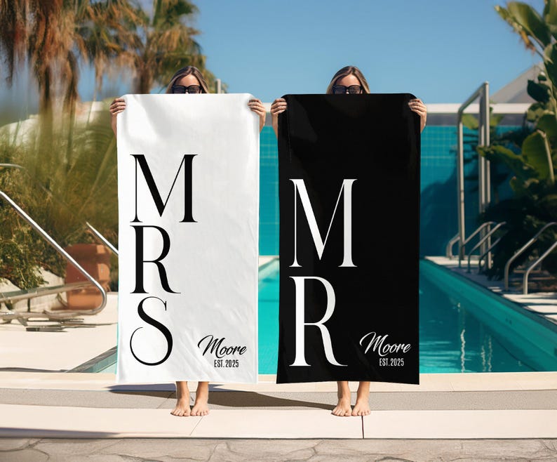 Custom Couple Beach Towel, Personalized Mr. and Mrs. Beach Towels, Honeymoon Present For Newlywed, Bridal Shower Gift,Couple or Single Towel