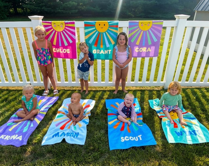 Personalized Rainbow Sun Beach Towel, Kid's Towels With Sun, Sun Beach Towel, Colorful Beach Towel for Kids, Kids Beach Towel
