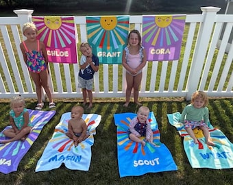 Personalized Rainbow Sun Beach Towel, Kid&#39;s Towels With Sun, Sun Beach Towel, Colorful Beach Towel for Kids, Kids Beach Towel