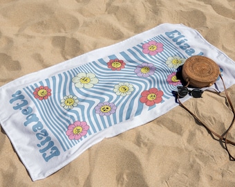 Custom Retro Beach Towel, Groovy Stripes Pool Towel, Smiling Flowers Custom Towels, Personalized Name Towel, Bachelorette Bridesmaid Towels