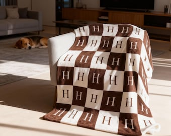 Couverture personnalisée avec prénom, couverture en peluche personnalisée à carreaux, jeté personnalisé en minky ou en sherpa, couverture à lettres monogrammes, cadeau de Noël