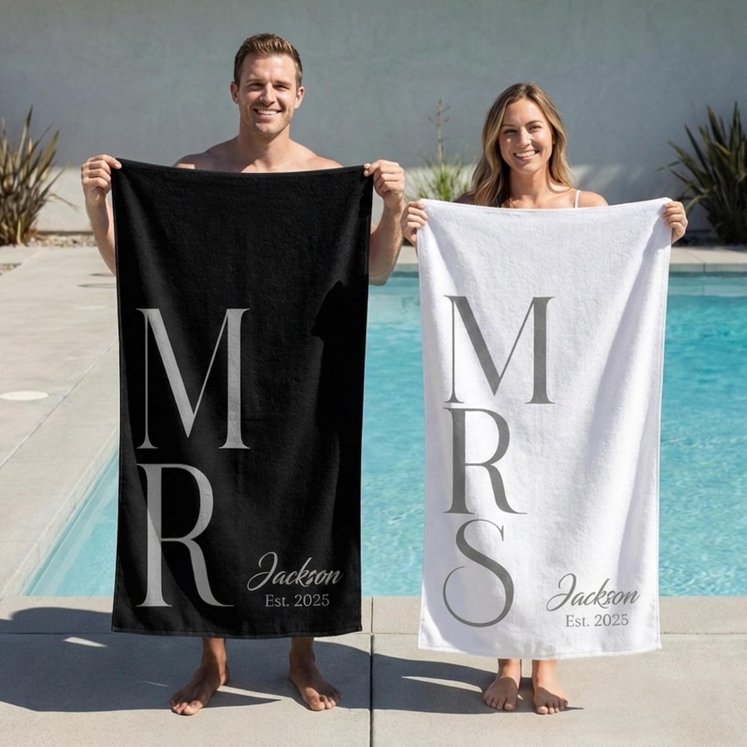 Custom Couple Beach Towel, Personalized Mr. and Mrs. Beach Towels, Honeymoon Present For Newlywed, Bridal Shower Gift,Couple or Single Towel