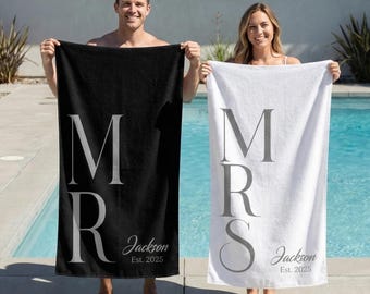 Toalla de playa personalizada para parejas, Toallas de playa personalizadas para Sr. y Sra., Regalo de luna de miel para recién casados, Regalo para despedida de soltera, Toalla para parejas o individual