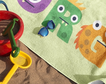 Little Monsters Custom Beach Towel, Personalized Pool Towels For Kids, Bath Towel With Figurative Lettering, Baby Shower Gift, Vacation Gift