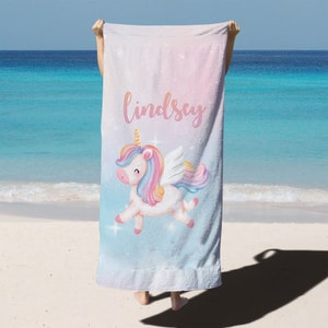 Custom Unicorn Beach Towel, Personalized Beach Towel For Kids, Vacation Gift For Girls, Custom Children&#39;s Pool Towels