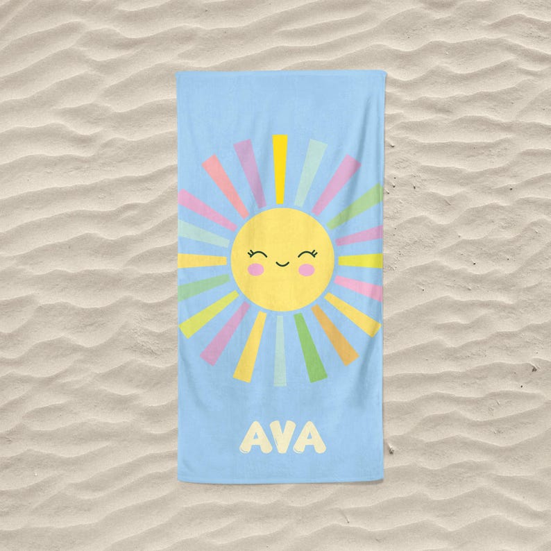 Personalized Rainbow Sun Beach Towel, Kid's Towels With Sun, Sun Beach Towel, Colorful Beach ...