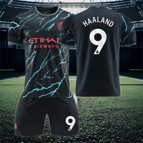 Manchester City Away Soccer Jersey Set, #9 Bruyne Haaland, Soccer Jersey & Shorts Set, Size For Adults And Children's