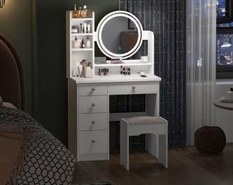 5-Drawers White Wood Makeup Vanity Set Dressing Desk W/ Stool, LED Round Mirror and Storage Shelves