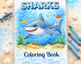Livro de colorir de tubarões: 20 páginas divertidas para crianças (download instantâneo em PDF)
