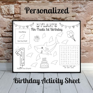 Personalized Shark Birthday Activity Sheet: Party Favor (Digital Download)
