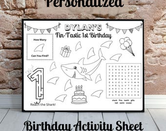 Personalized Shark Birthday Activity Sheet: Party Favor (Digital Download)