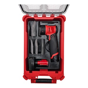May include: A red and black power sander tool in a red carrying case with a clear lid. The case has a foam insert with slots for the sander and sanding pads. The sanding pads are labeled with grit sizes: 60-80, 120-180-320.