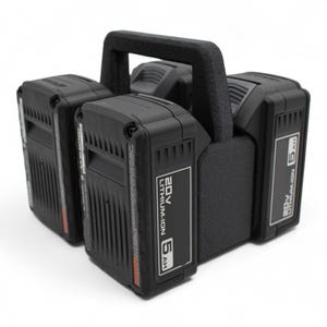 May include: Black 20V Lithium-Ion 5Ah battery pack with a carrying handle. The pack is designed to hold multiple batteries. The batteries have white text on a black background. The product is for power tools.