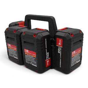 May include: A set of four black and red 20V 3AH Hypermax Lithium-Ion batteries with a carrying handle. Each battery has a red accent and a label with technical information. The batteries are designed for power tools.