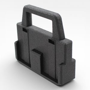 May include: A dark gray, rectangular carrying case with a handle. The case has a textured surface and features two recessed areas on the front and side. The handle is integrated into the top of the case, providing a secure grip.