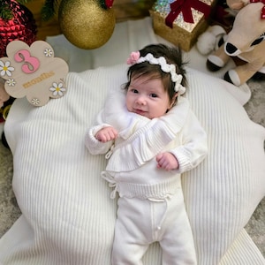 Organic Cotton Knitted Baby Set – Blanket, Outfit & Bow Beanie | Newborn Homecoming Gift | Baby Shower Gift | Baby Girl Holiday Photo Outfit image 1