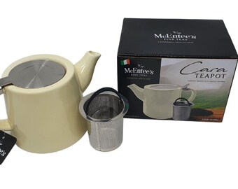 Cara Ceramic Cream Teapot with removable infuser and Stainless Steel Lid 510ml (1-2 cup)