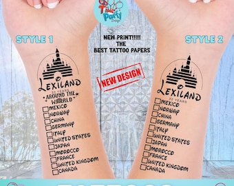 Puede incluir: Dos diseños de tatuajes temporales que presentan un castillo en blanco y negro con el texto "Lexiland 30 Years Around the World" y una lista de verificación de países. Los diseños están etiquetados como "Style 1" y "Style 2".