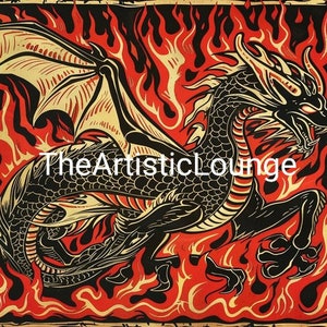 Woodcut Style Fire Dragon Art - Digital Download