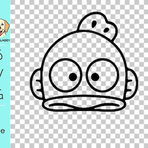 Op de afbeelding: Zwart-wit cartoon illustratie van een visachtig wezen met grote, ronde ogen en een kleine vin bovenop. De afbeelding bevat de tekst "FLABBY LABBY" en "SVG file" in een verticale lay-out.