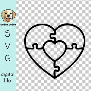 Puede incluir: Ilustración en blanco y negro de línea de arte de un rompecabezas en forma de corazón con tres piezas. Las piezas del rompecabezas encajan para formar un corazón completo.