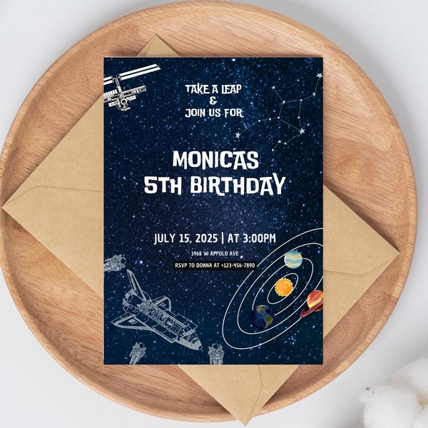 A party out of this world with this space Invitation, astronauts, space station, space shuttle and galaxy. This invitation has it all.