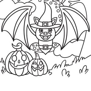 Puede incluir: Un dibujo en blanco y negro de un murciélago con un sombrero de bruja y sosteniendo dos calabazas. El murciélago está volando frente a una luna llena.