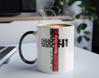 Personalized Thin Red Line Cross Color Morphing Mug - Firefighter Gift