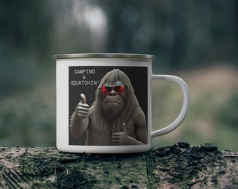 Squatchin' Enamel Camping Mug: Bigfoot Coffee Cup