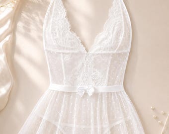 White Lace Babydoll Lingerie Set – Sheer Mesh Bridal Nightwear