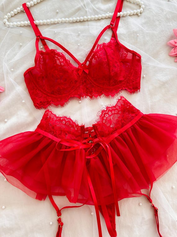 Red Lace Lingerie Set, Tulle Garter Belt, Corset Detail - Etsy