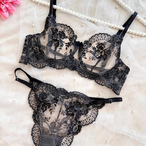 Black Floral Lace Lingerie Set - Elegant Handcrafted Bra and Panty for Romantic Evenings, Bridal, Romantic Date Nights, or Special Gifts