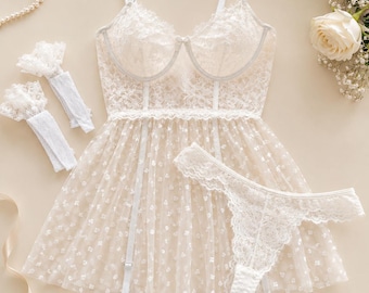 White Lace Bridal Babydoll Lingerie, Heart Mesh Skirt, Matching Thong