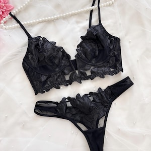Black Mesh Lingerie Set for Women – Floral Embroidery Bra and Thong Set – Sexy 2 Piece Nightwear, Anniversary or Valentine Gift