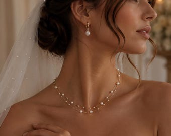 Doppelschicht Perlenkette, 18K Vergoldet Brautschmuck