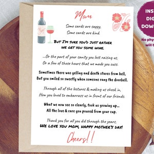 Cartão de Dia das Mães para mãe, cartão sobre vinho de nós, cartão de Dia das Mães para impressão com envelope, poema engraçado e significativo para download instantâneo.