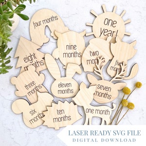 Könnte beinhalten: Ein Set aus 12 Holz-Baby-Meilenstein-Karten mit verschiedenen Tierformen und dem Text "ein Monat", "zwei Monate", "drei Monate", "vier Monate", "fünf Monate", "sechs Monate", "sieben Monate", "acht Monate", "neun Monate", "zehn Monate", "elf Monate" und "ein Jahr!"