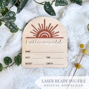 SVG-geboortekaartje Boho Sun | Babystatistieken | Geboorte onthulling | Hallo wereld | Baby Milestone gelaagd SVG-BESTAND voor lasersnijder