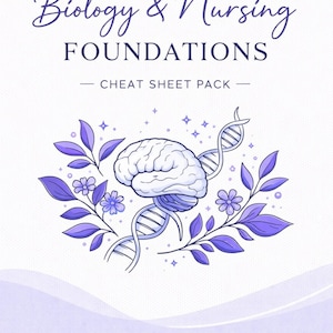 May include: A light purple cheat sheet pack titled "Biology & Nursing Foundations." The cover features a brain illustration with a DNA strand, surrounded by purple leaves and flowers. The text "Synapse Study Co." is at the bottom.