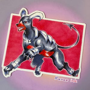 May include: A sticker featuring a stylized illustration of a black and gray canine-like creature with red accents. The creature has a devil-like tail and horns, set against a red background. The sticker is outlined in white and has the text "Kanae ink".