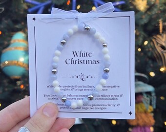 White Christmas- White Jade, Blue Lace Agate, and Silver Hematite Bracelet, 6mm