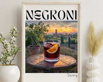 Digital Negroni Poster, Campari Art, Spritz Cocktail Poster, Kitchen Poster, Kitchen Print, Retro Print,Travel Poster, Cocktail Print