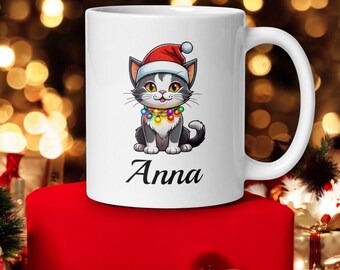 Tasse Personalisiert | Weihnachtstasse mit Katze & Weihnachtsmütze | Tasse Wunschname | Individuelle X-Mas Tasse | Geschenkidee Weihnachten