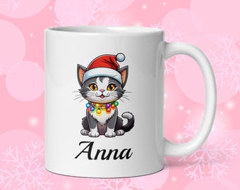 Personalized Christmas Mug with Santa Hat Cat, Custom Name Mug, Customizable Holiday Coffee Cup Gift, Christmas Movie Mug, Gifts under