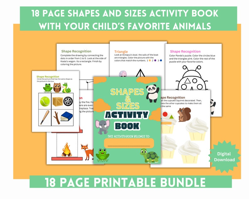 Kids Shapes and Sizes Animal Themed Learning Activity Book Educational