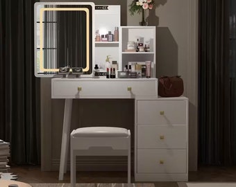 White Wood Makeup Vanity Set Dressing Table with Glass Top, Square Sliding LED Lighted Mirror, 4-Drawers and Stool