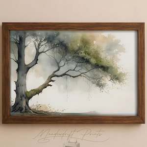 Watercolor Tree Print: Neutral Landscape Painting, Minimalist Boho Decor (Digital Download)