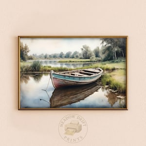 Rustic Rowboat Wall Art Printable – Tranquil Lake Landscape, Vintage Fishing Boat Decor, Serene Nature Scene, Country Cabin Digital Download